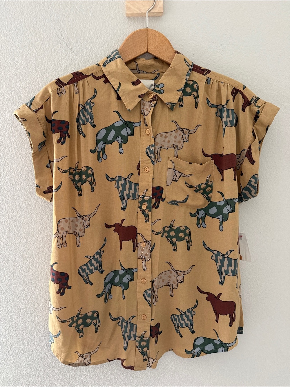 Cotton Rye Western Bull Short-Sleeve Button-Up Shirt in Mustard Size Small